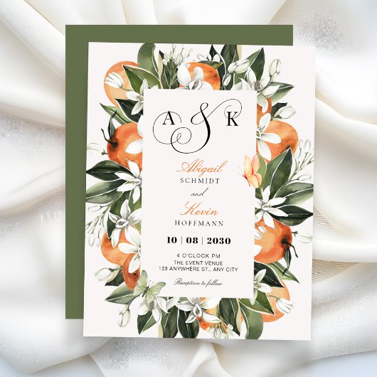 Botanical orange leaves watercolor wedding  招待状