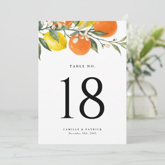 Botanical Oranges and Lemons Wedding Table Number (スタンド正面)