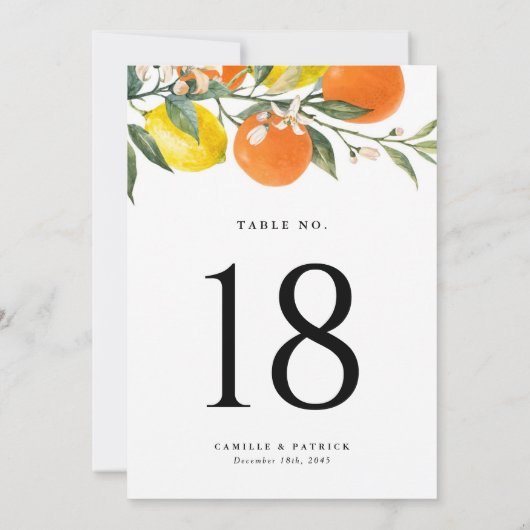 Botanical Oranges and Lemons Wedding Table Number (裏面)