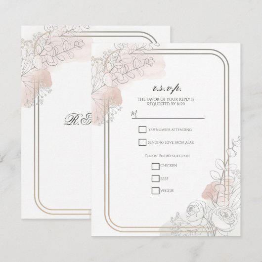 Botanical Outline Sage & Blush Floral R.S.V.P. 招待状 (正面/裏面)