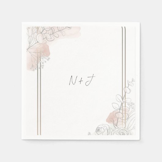 Botanical Outline Sage & Blush Floral Wedding  スタンダードカクテルナプキン (正面)