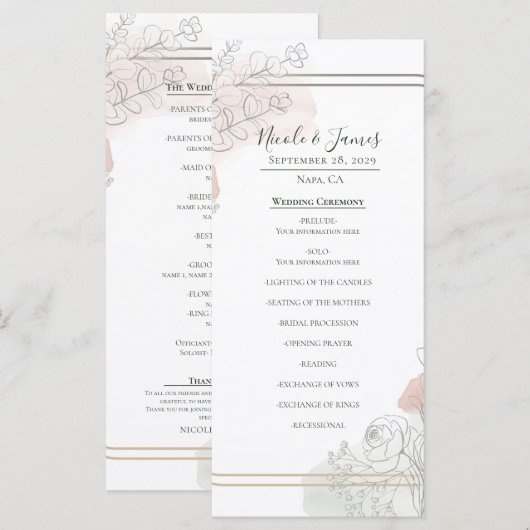 Botanical Outline Sage & Blush Floral Wedding  メニュー (正面/裏面)