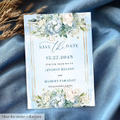 Botanical Pastel Blue White Gold Floral Save Date 招待状