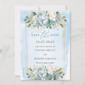 Botanical Pastel Blue White Gold Floral Save Date 招待状 (正面)