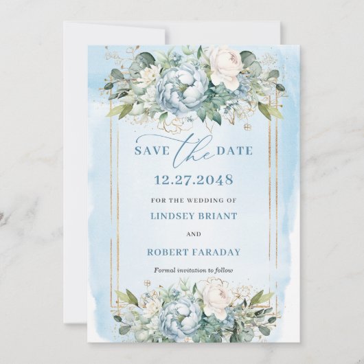 Botanical Pastel Blue White Gold Floral Save Date 招待状 (正面)