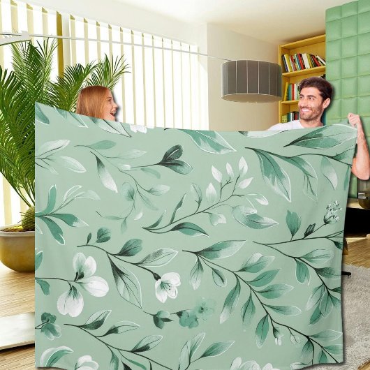  Botanical pattern  in subtle  greens  フリースブランケット