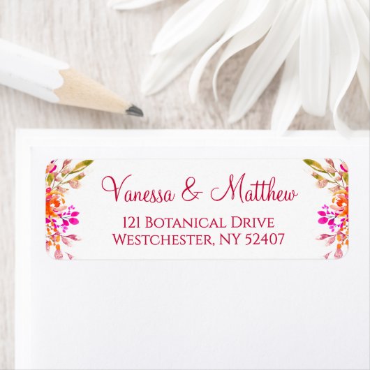 Botanical Pink and Orange Wedding Return Address ラベル (インサイチュ)
