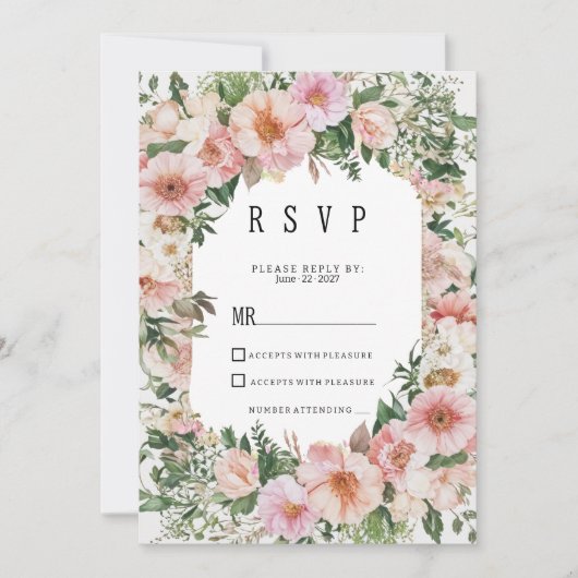 Botanical pink blossom summer floral RSVP  招待状 (正面)