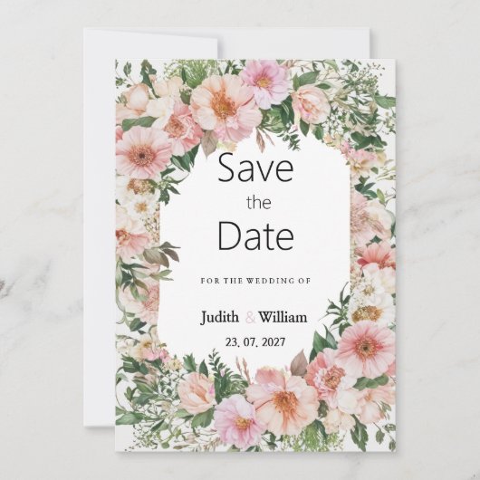 Botanical pink blossom summer floral Save the Date 招待状 (正面)
