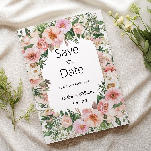 Botanical pink blossom summer floral Save the Date 招待状