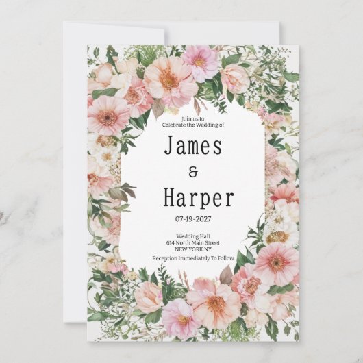 Botanical pink blossom summer floral Wedding 招待状 (正面)