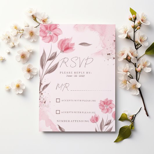 Botanical pink brown watercolor floral RSVP  招待状