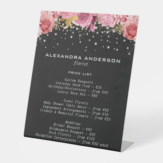 Botanical Pink Flowers Diamond Glitter Black Salon 台座サイン (正面)