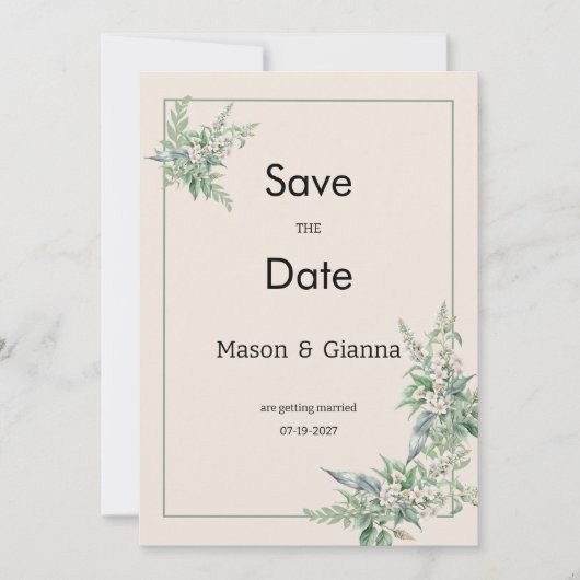 Botanical pink mint ivory floral Save the Date 招待状 (正面)