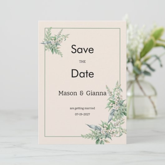 Botanical pink mint ivory floral Save the Date 招待状 (スタンド正面)