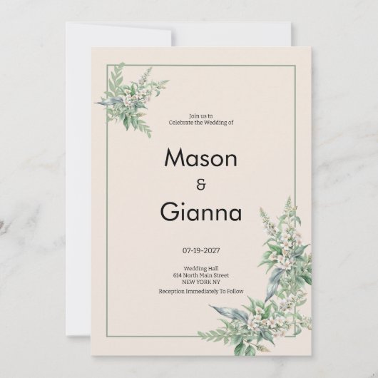 Botanical pink mint ivory floral Wedding 招待状 (正面)