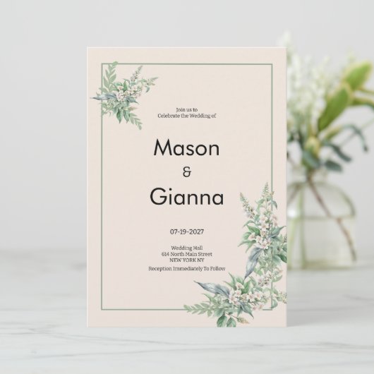 Botanical pink mint ivory floral Wedding 招待状 (スタンド正面)