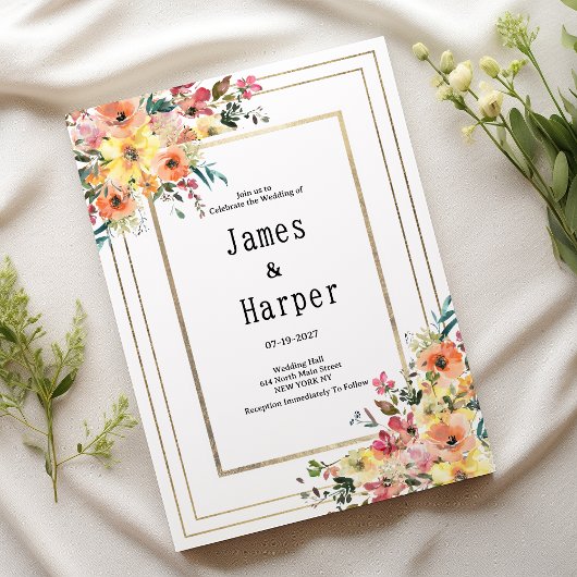 Botanical pink orange gold floral country Wedding  招待状