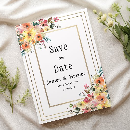 Botanical pink orange gold floral Save the Date 招待状