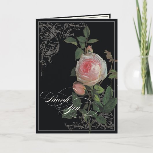 Botanical Pink Rose, Black Wedding Thank You Notes サンキューカード (正面)