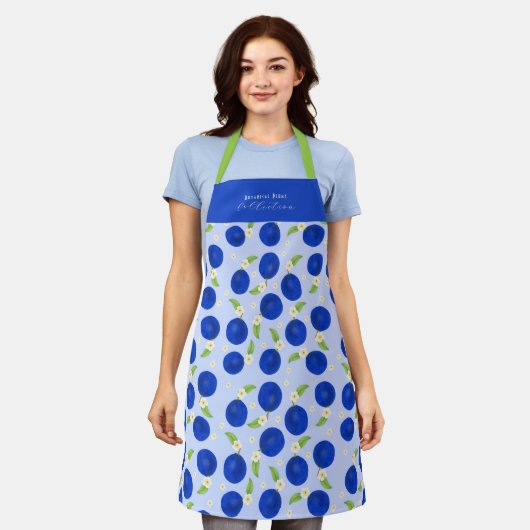 Botanical Plums Collection Blue エプロン (着用した状態)