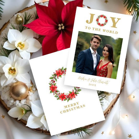 Botanical Ponsettia Christmas Wreath Photo Family シーズンカード