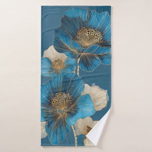 Botanical Poppy Blue Gold Line Art Floral バスタオルセット (バスタオル)