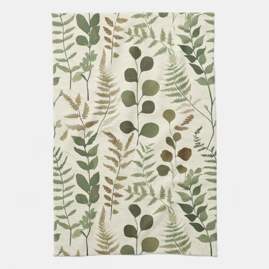 Botanical Pressed Leaves Pattern – Fern Print キッチンタオル (縦)