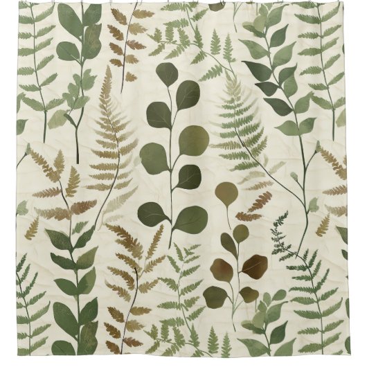 Botanical Pressed Leaves Pattern – Fern Print シャワーカーテン (正面)