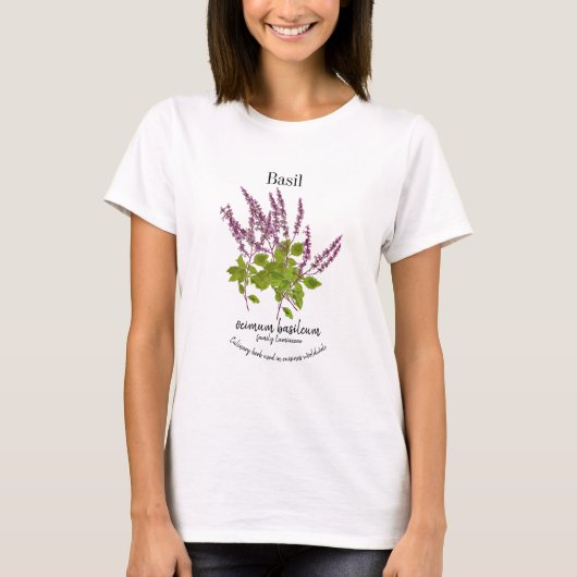 Botanical Purple Basil Herb Drawing Text Tシャツ (正面)