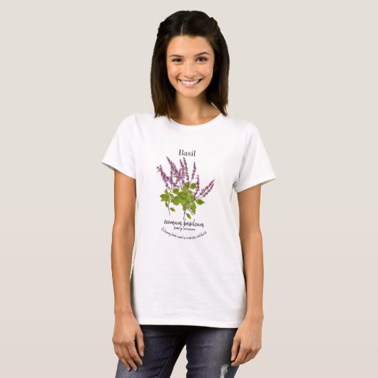Botanical Purple Basil Herb Drawing Text Tシャツ (正面フル)