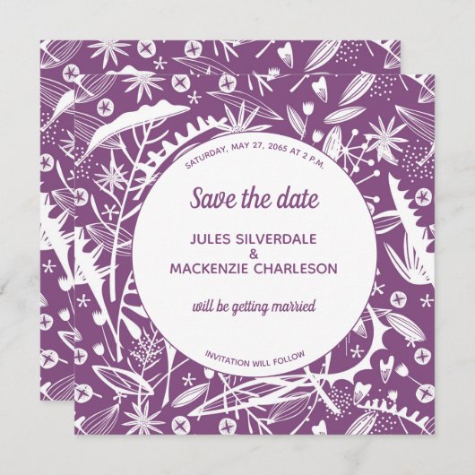 Botanical Purple Folids Save the Date 招待状 (正面/裏面)