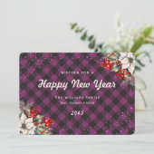 Botanical Purple Plaid Snow New Year Card シーズンカード (スタンド正面)