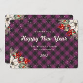 Botanical Purple Plaid Snow New Year Card シーズンカード (正面/裏面)
