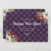 Botanical Purple Plaid Snow New Year Card シーズンカード (正面/裏面)