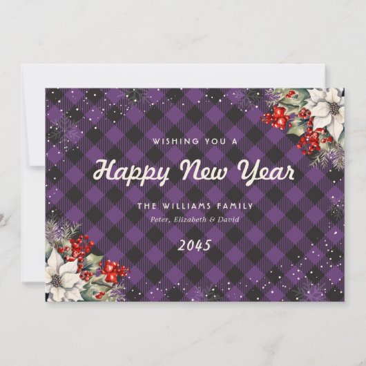 Botanical Purple Plaid Snowflake New Year Card シーズンカード (正面)