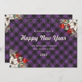 Botanical Purple Plaid Snowflake New Year Card シーズンカード (正面/裏面)