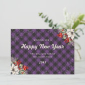 Botanical Purple Plaid Snowflake New Year Card シーズンカード (スタンド正面)