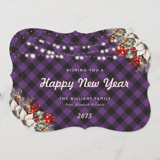 Botanical Purple Plaid String Lights New Year Card シーズンカード (正面/裏面)