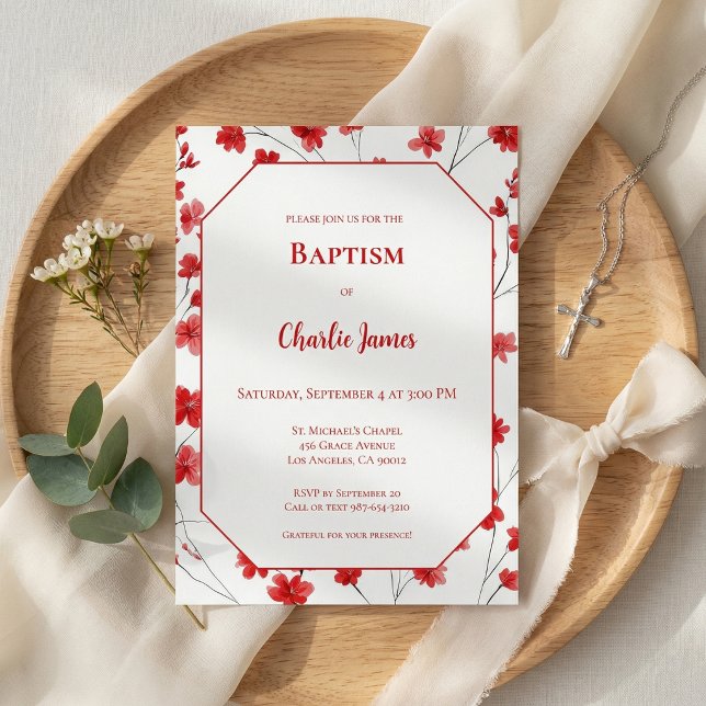 Botanical Red Baptism Invitation (クリエイターアップロード済み)
