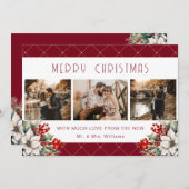 Botanical Red Merry Christmas Newlywed 3 Photo シーズンカード (正面/裏面)