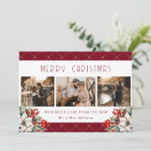 Botanical Red Merry Christmas Newlywed 3 Photo シーズンカード (スタンド正面)