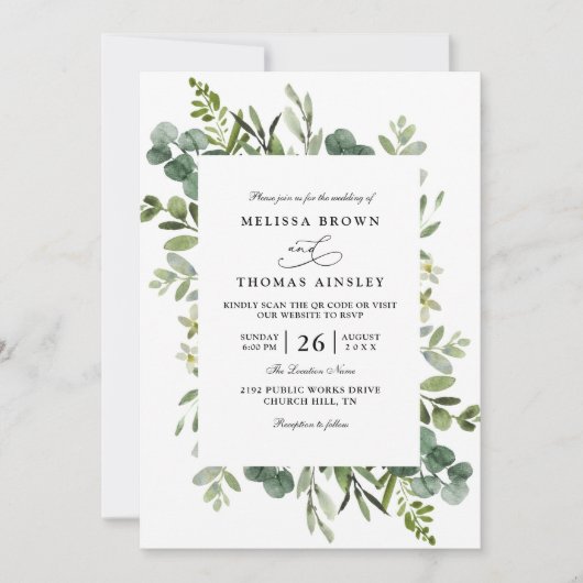 Botanical Rustic Greenery Elegant QR Code Wedding 招待状 (正面)