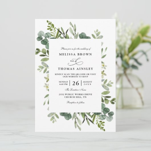 Botanical Rustic Greenery Elegant QR Code Wedding 招待状 (スタンド正面)