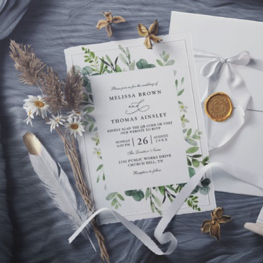 Botanical Rustic Greenery Elegant QR Code Wedding 招待状