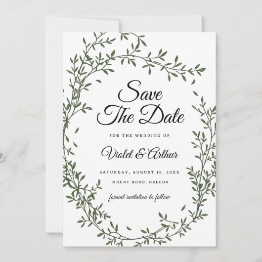 Botanical Sage Wreath Wedding Save The Date 招待状 (正面)