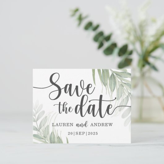Botanical & Script Green日付はがきを保存 ポストカード (スタンド正面)