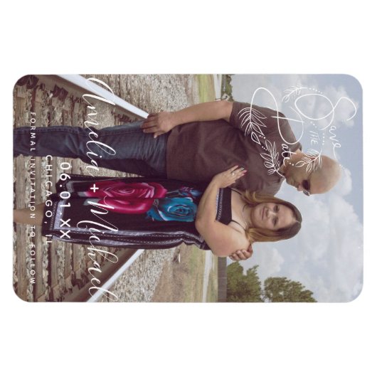 Botanical Script Hand Drawn Save the Date Photo Ma マグネット (横)