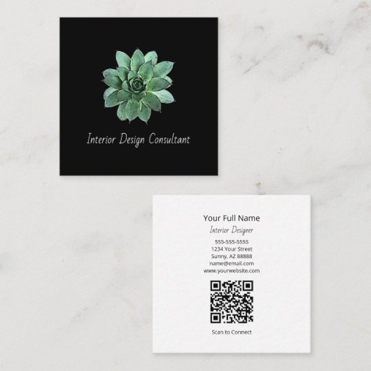 Botanical Succulent QR code Modern Black スクエア名刺 (正面/裏面)