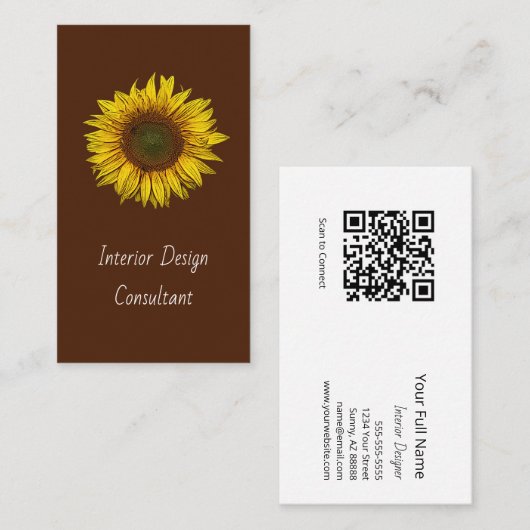 Botanical Sunflower QR code Designer Rustic 名刺 (正面/裏面)
